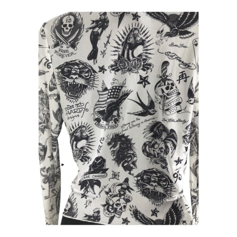 Ed Hardy white iconic Ed Hardy designs printed long‎ sleeve sheer top size large - Picture 14 of 14